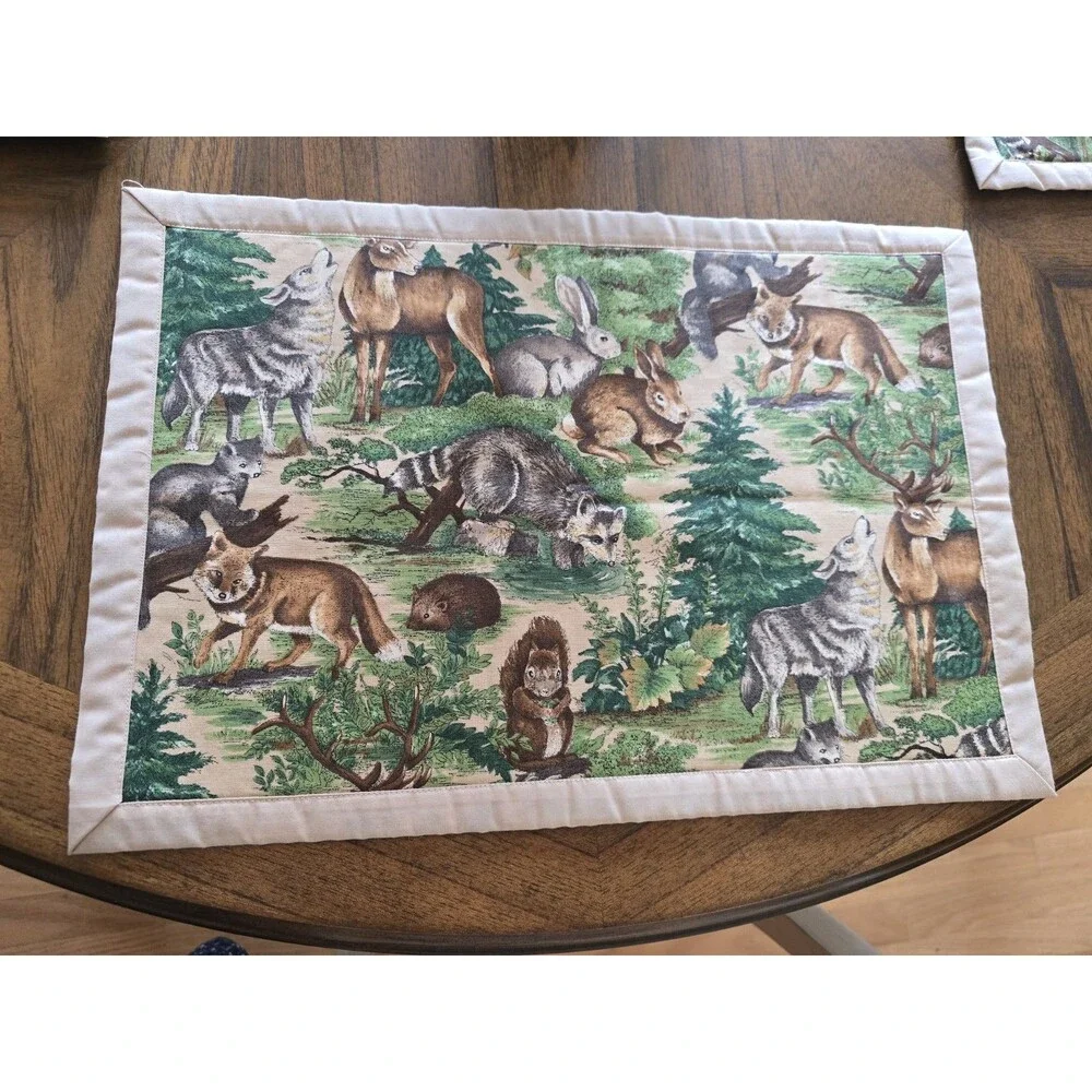 Vintage Woodland Forest Animal Placemats Set of 4 Deer Wolf Fox Raccoon Rabbit